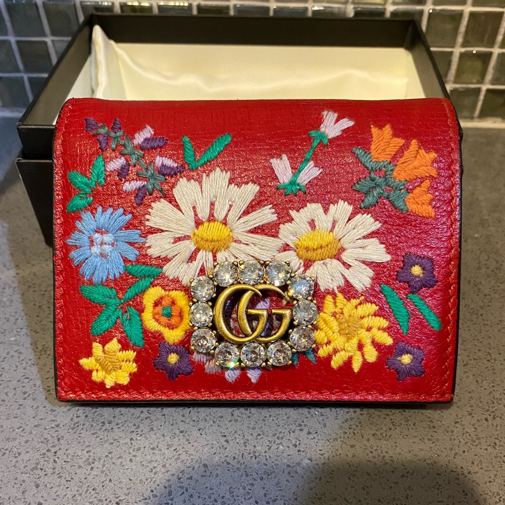 GUCCI Linea Ricami Small Red Embroidered Wallet